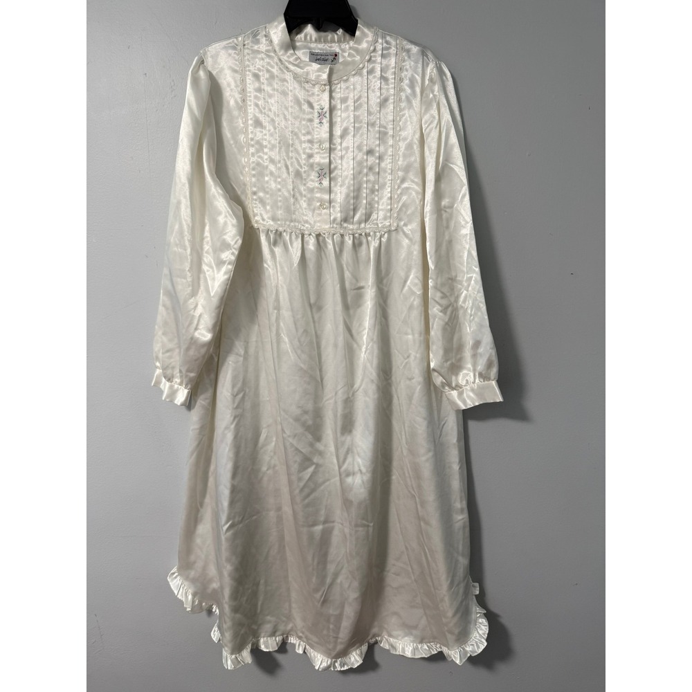 Lord & Taylor Ivory Satin Nightgown Long Sleeve Embroidered Victorian Large VTG